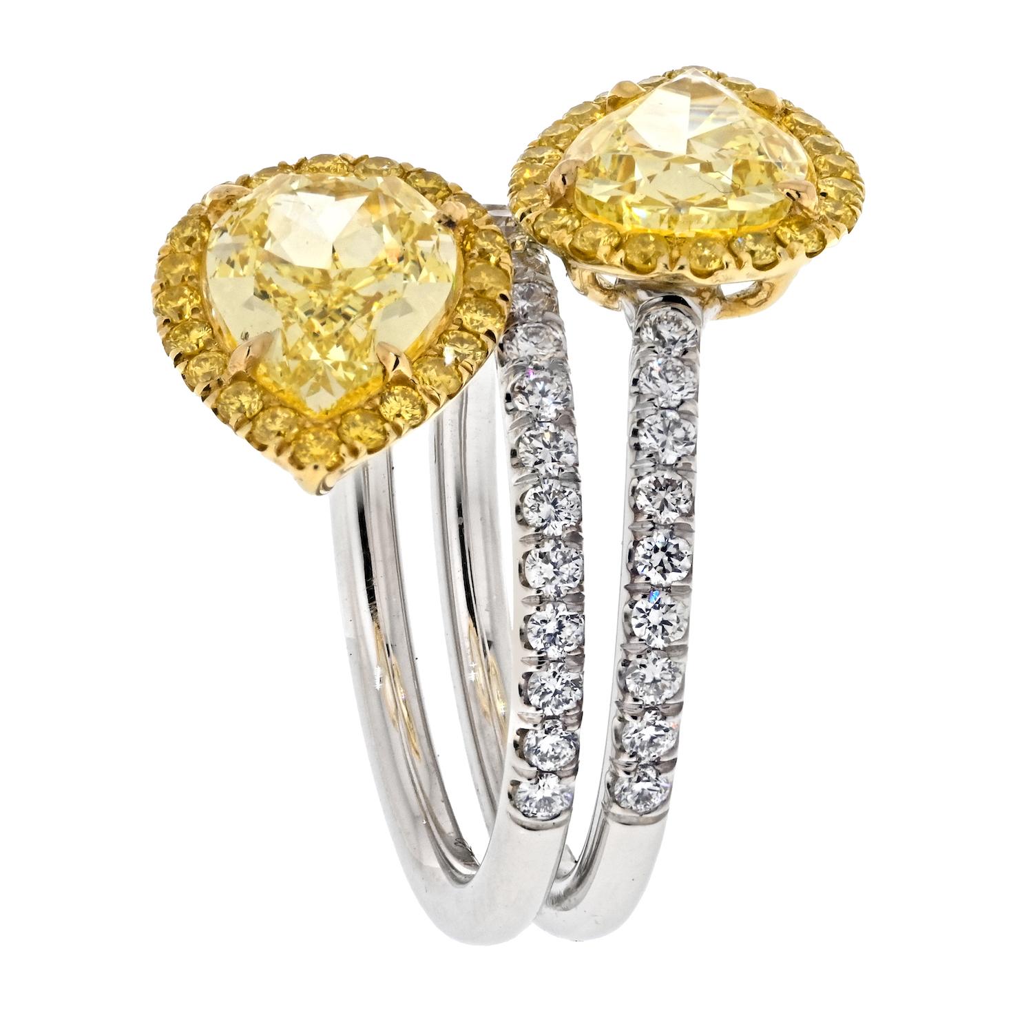 Women's 4.01cttw Fancy Yellow Intense Two Stone Pear Cut Diamond Ring GIA Certified
