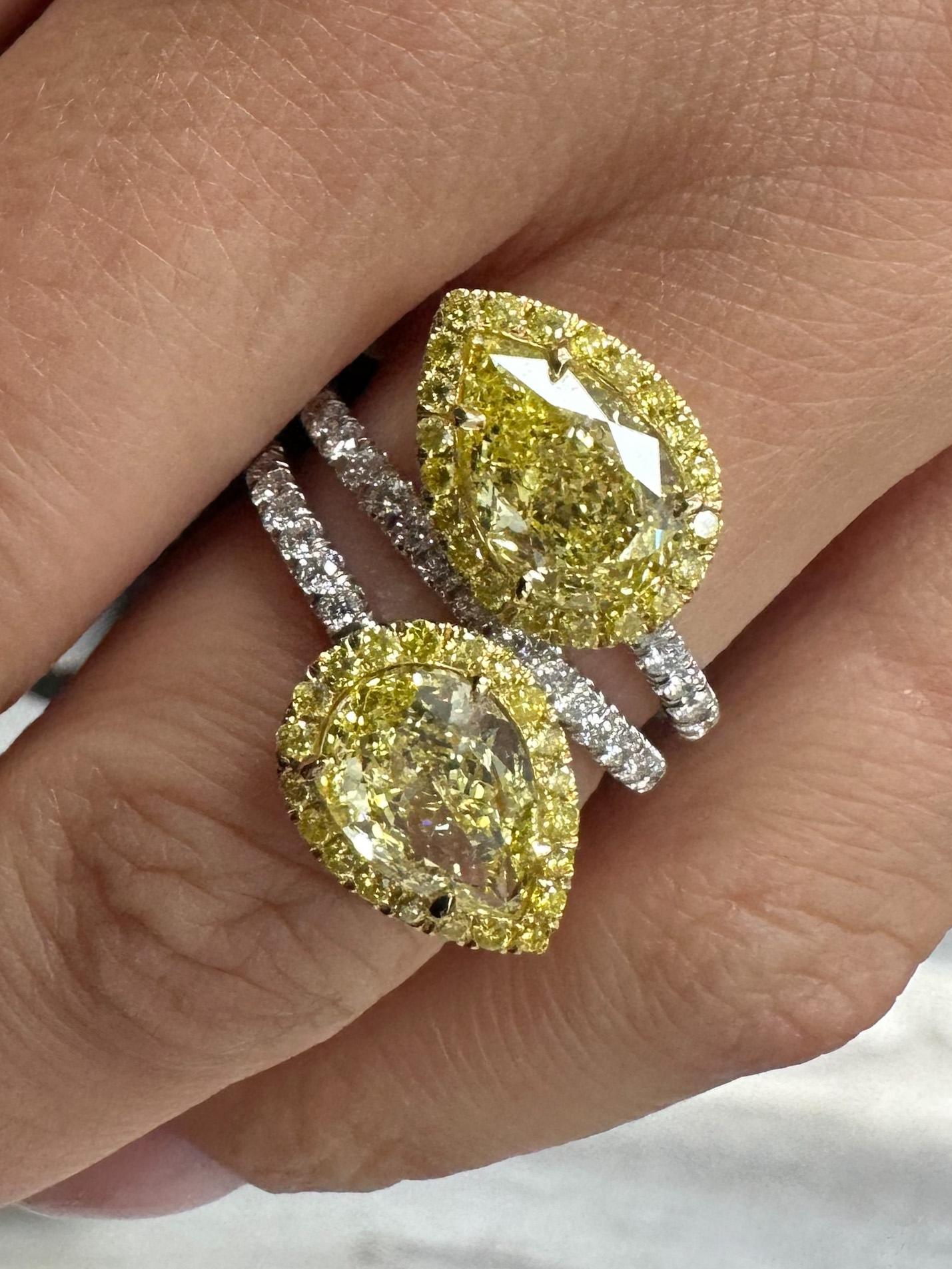 4.01cttw Fancy Yellow Intense Two Stone Pear Cut Diamond Ring GIA Certified 1