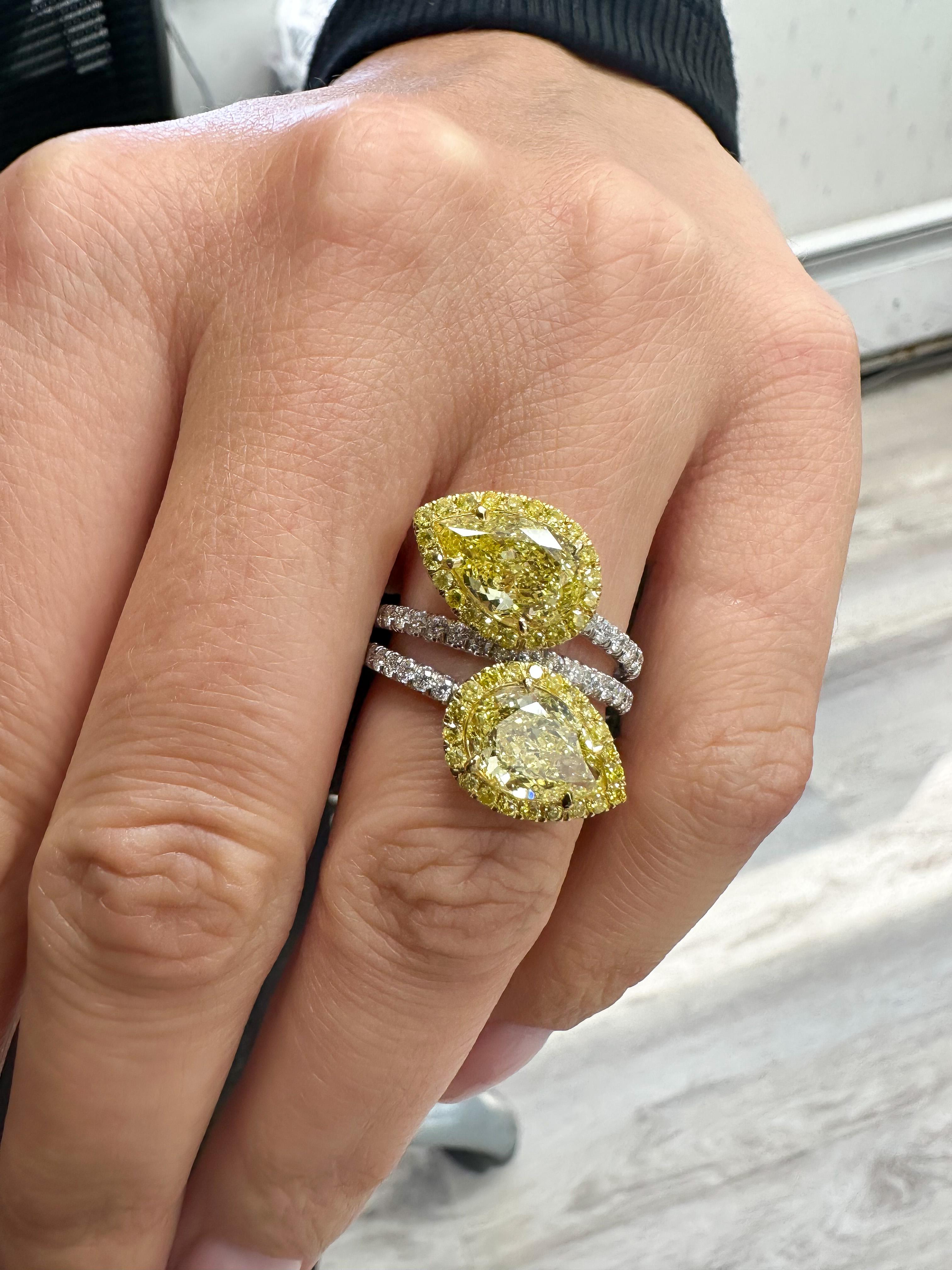 4.01cttw Fancy Yellow Intense Two Stone Pear Cut Diamond Ring GIA Certified 2
