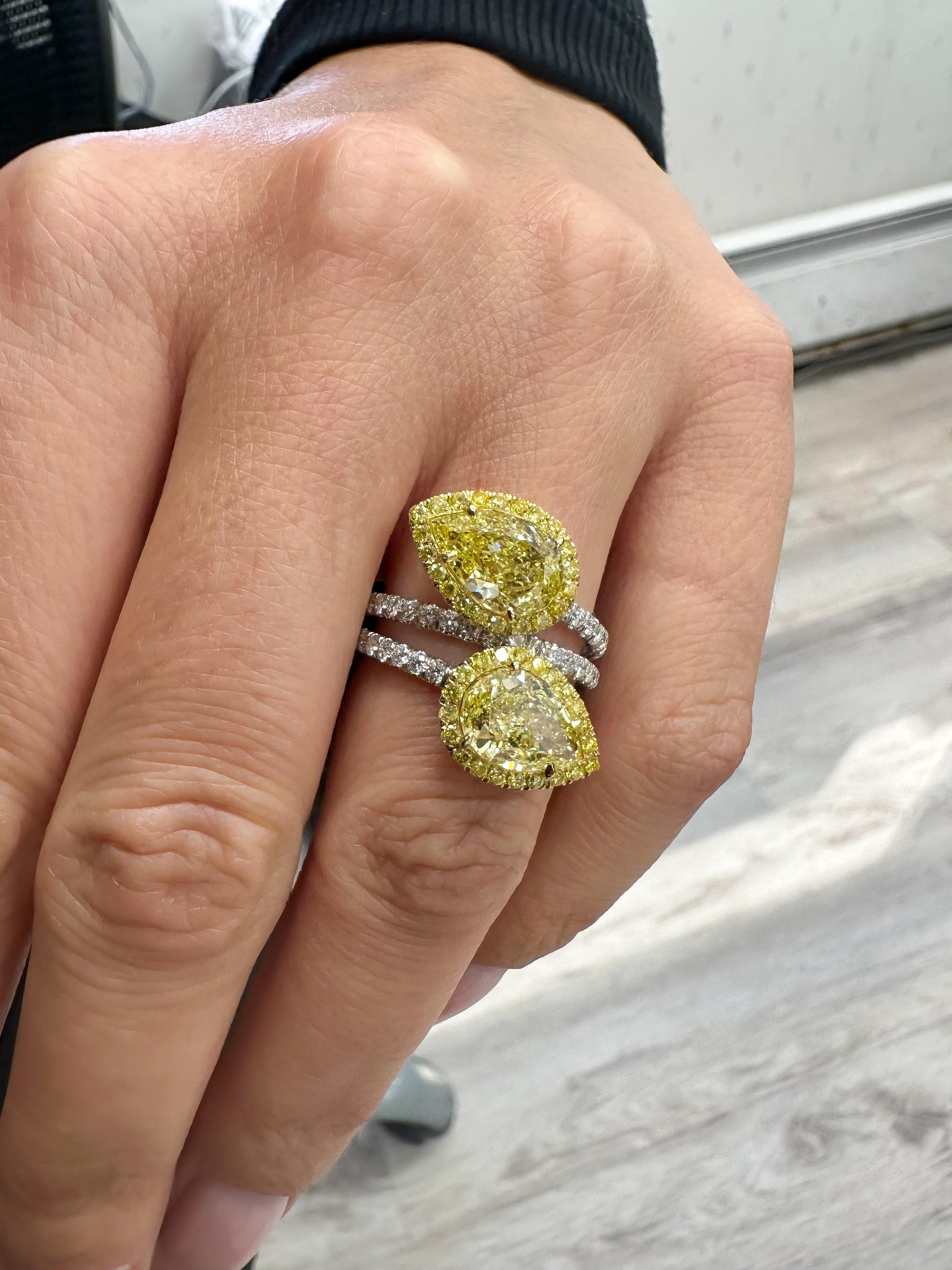 4.01cttw Fancy Yellow Intense Two Stone Pear Cut Diamond Ring GIA Certified 3