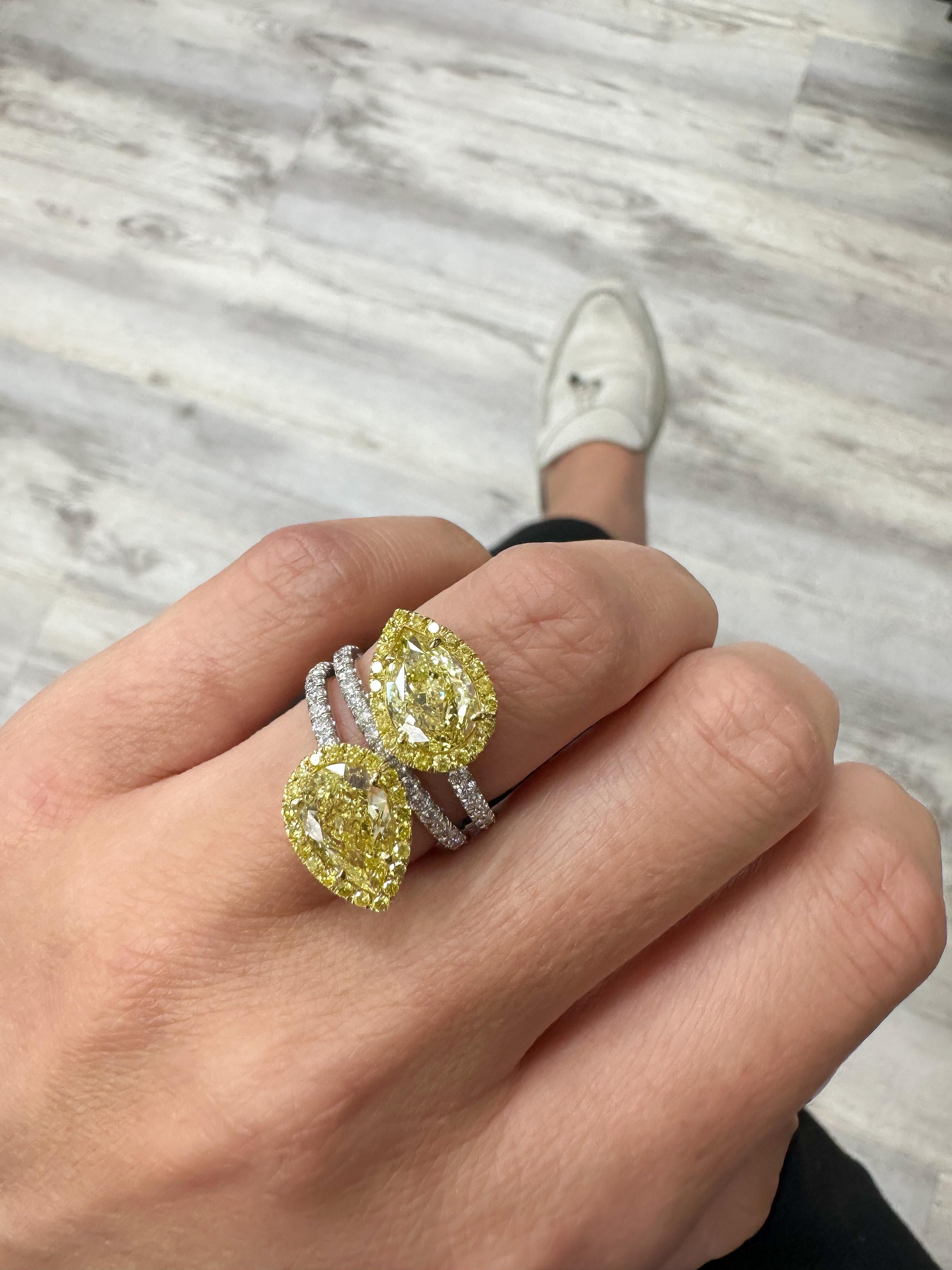 4.01cttw Fancy Yellow Intense Two Stone Pear Cut Diamond Ring GIA Certified 4