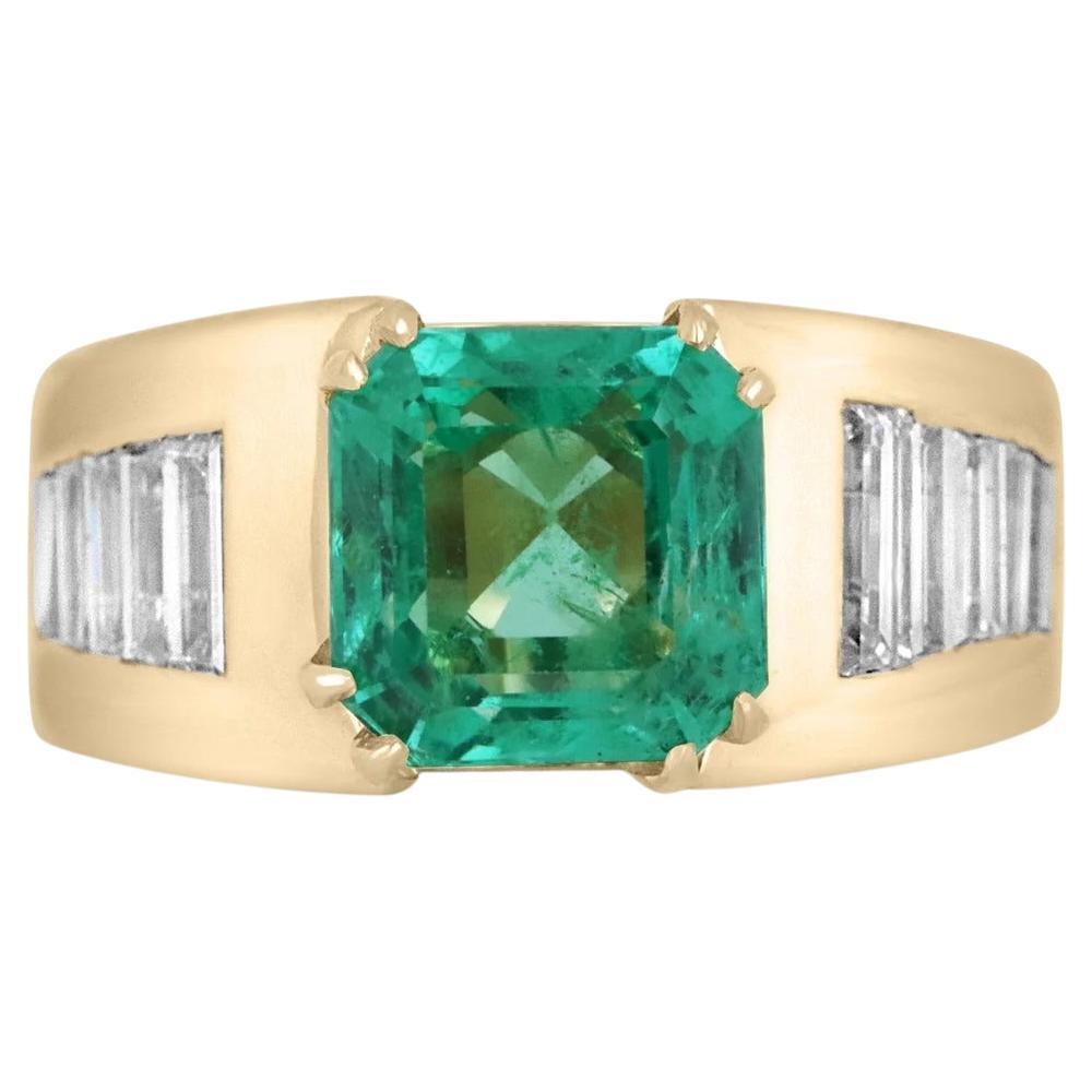 4.01tcw 18K Colombian Emerald-Asscher Cut & Baguette Diamond Men's Gold Ring For Sale