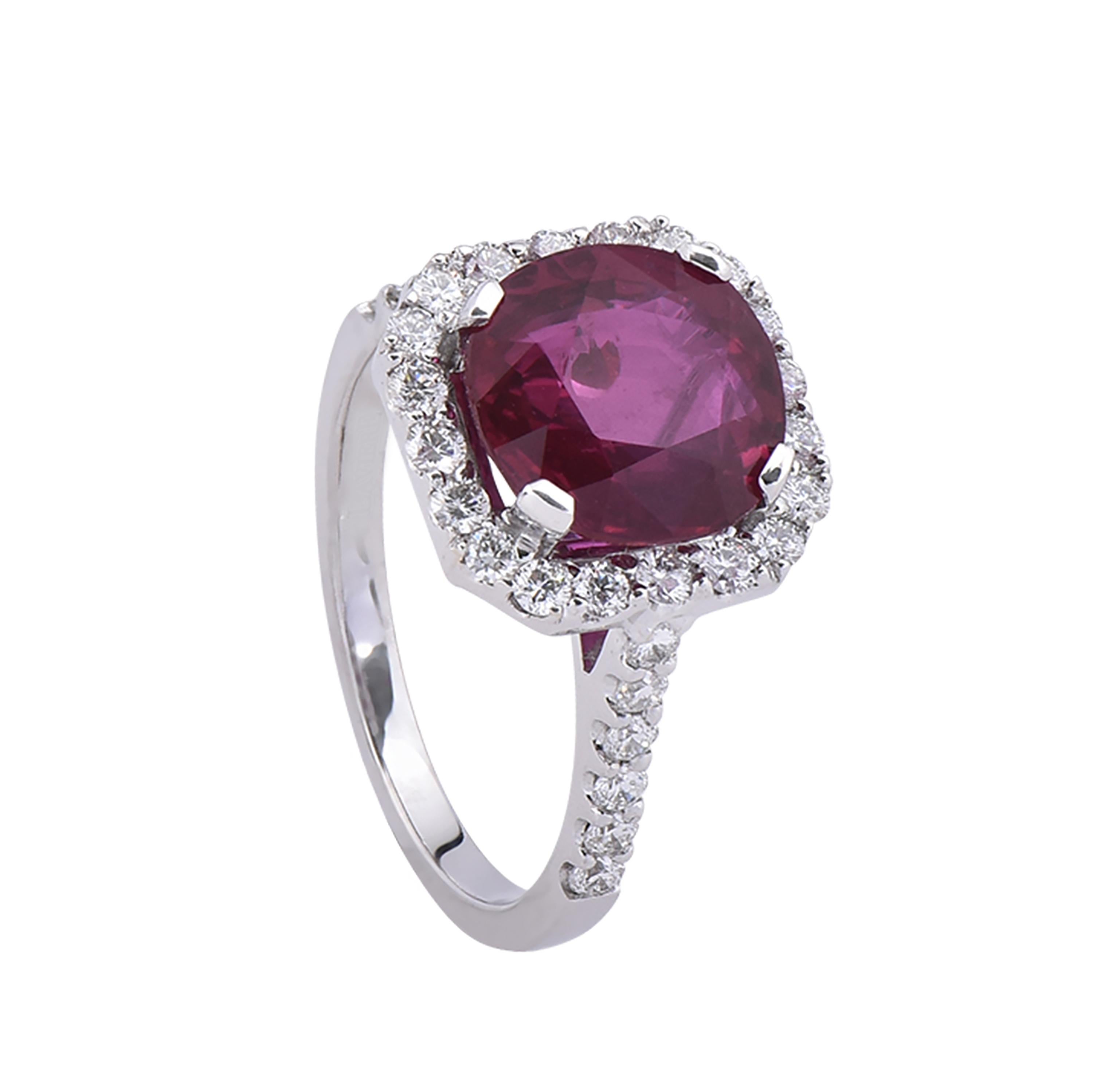 18 karat white gold ruby cocktail ring from the Scarlet collection of Laviere. The ring is set with a GRS certified 4.02 carats ruby and 0.64 carats round brilliant diamonds. 
Gold Weight 4.95 grams. Diamond Clarity VS-SI. Diamond Colour F-G.
Ring