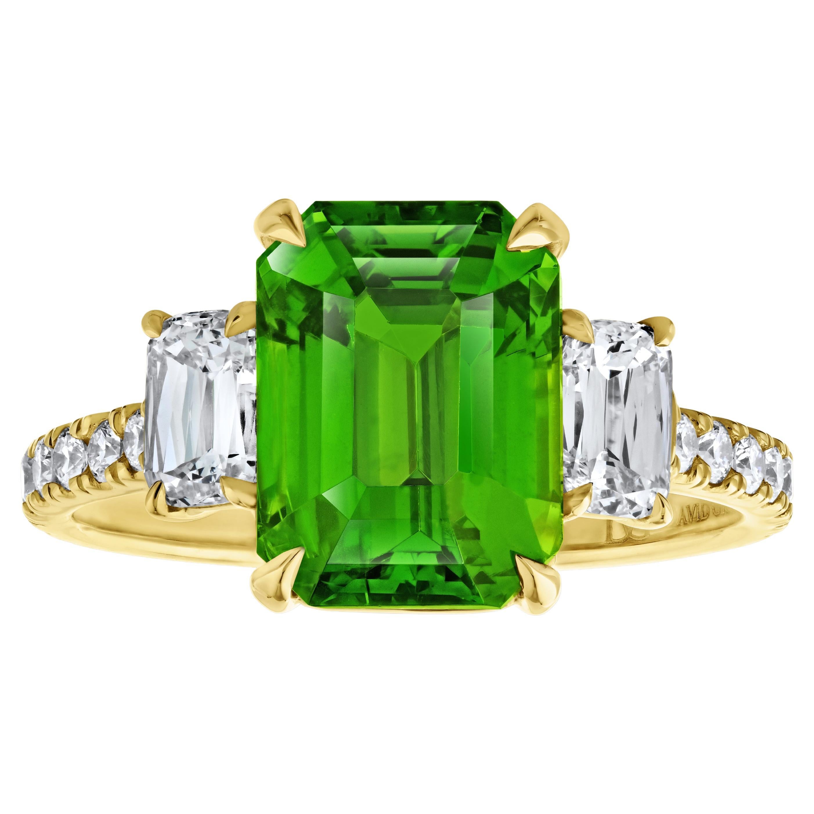 4.02 Carat Emerald Cut Green Tsavorite and Diamond 18k YG Ring For Sale