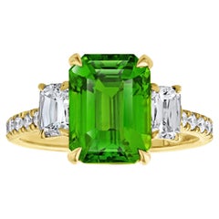4.02 Carat Emerald Cut Green Tsavorite and Diamond 18k YG Ring