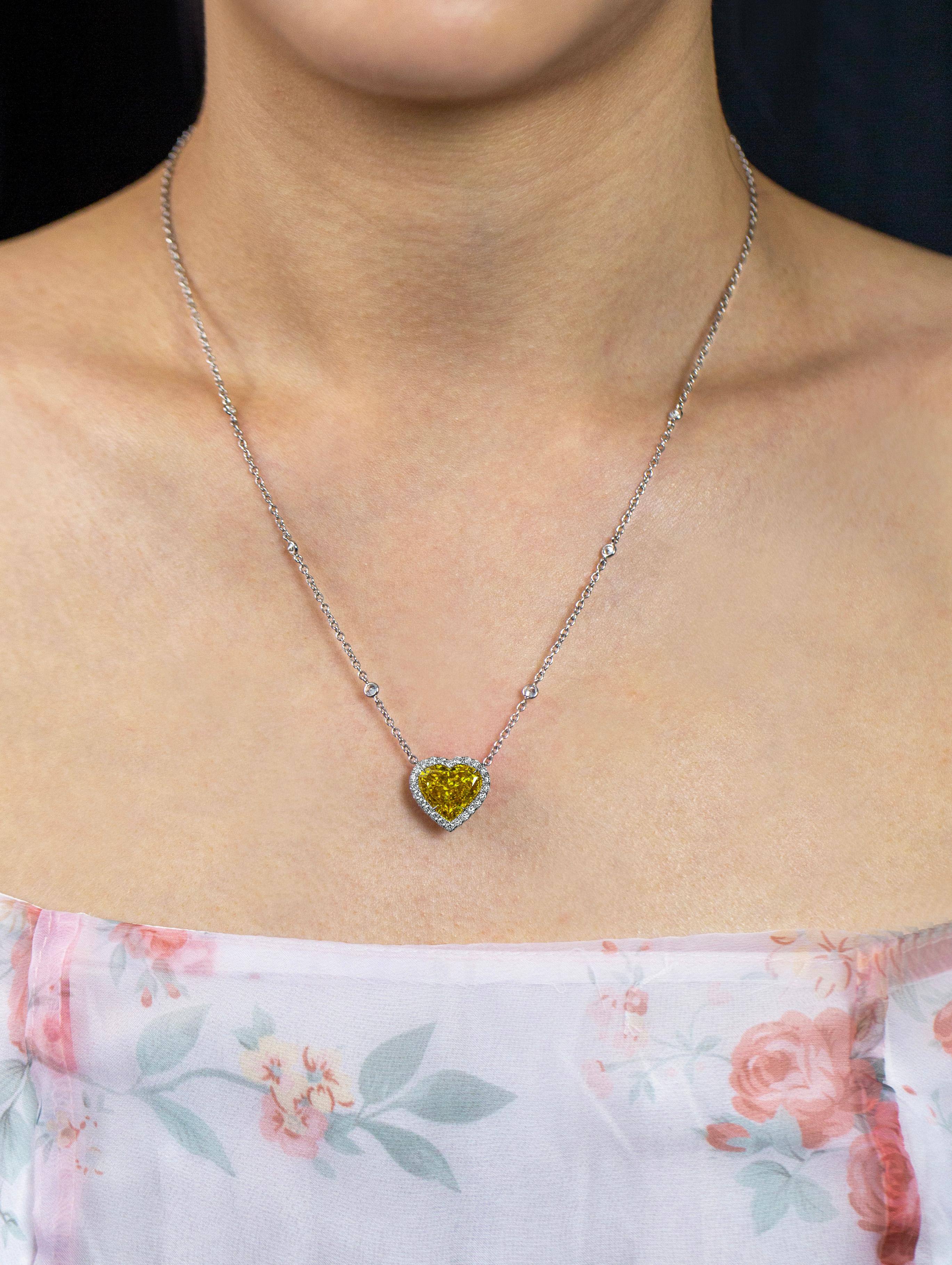 Heart Cut 4.02 Carat Fancy Deep Orangy Yellow Heart Shape Diamond Halo Pendant Necklace For Sale