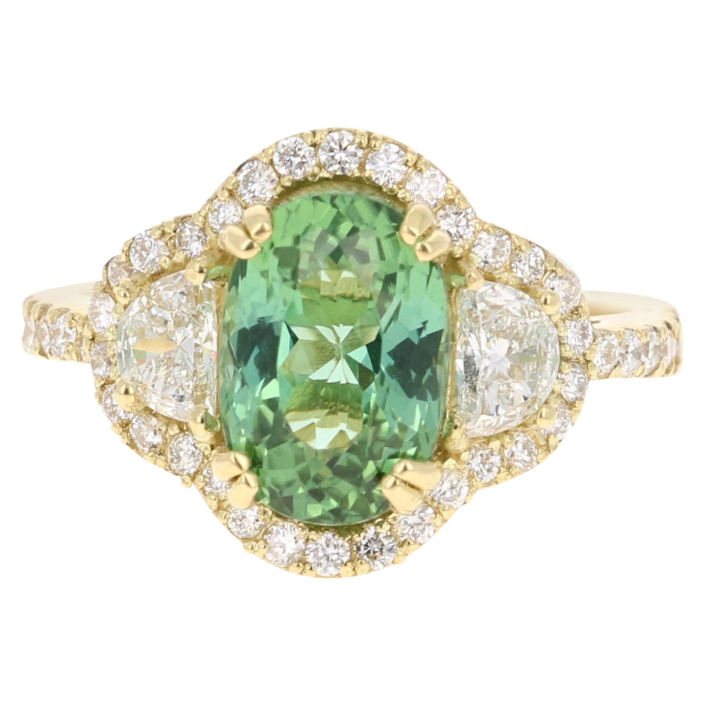4.02 Carat Green Tourmaline Diamond 18 Karat Yellow Gold Engagement Ring