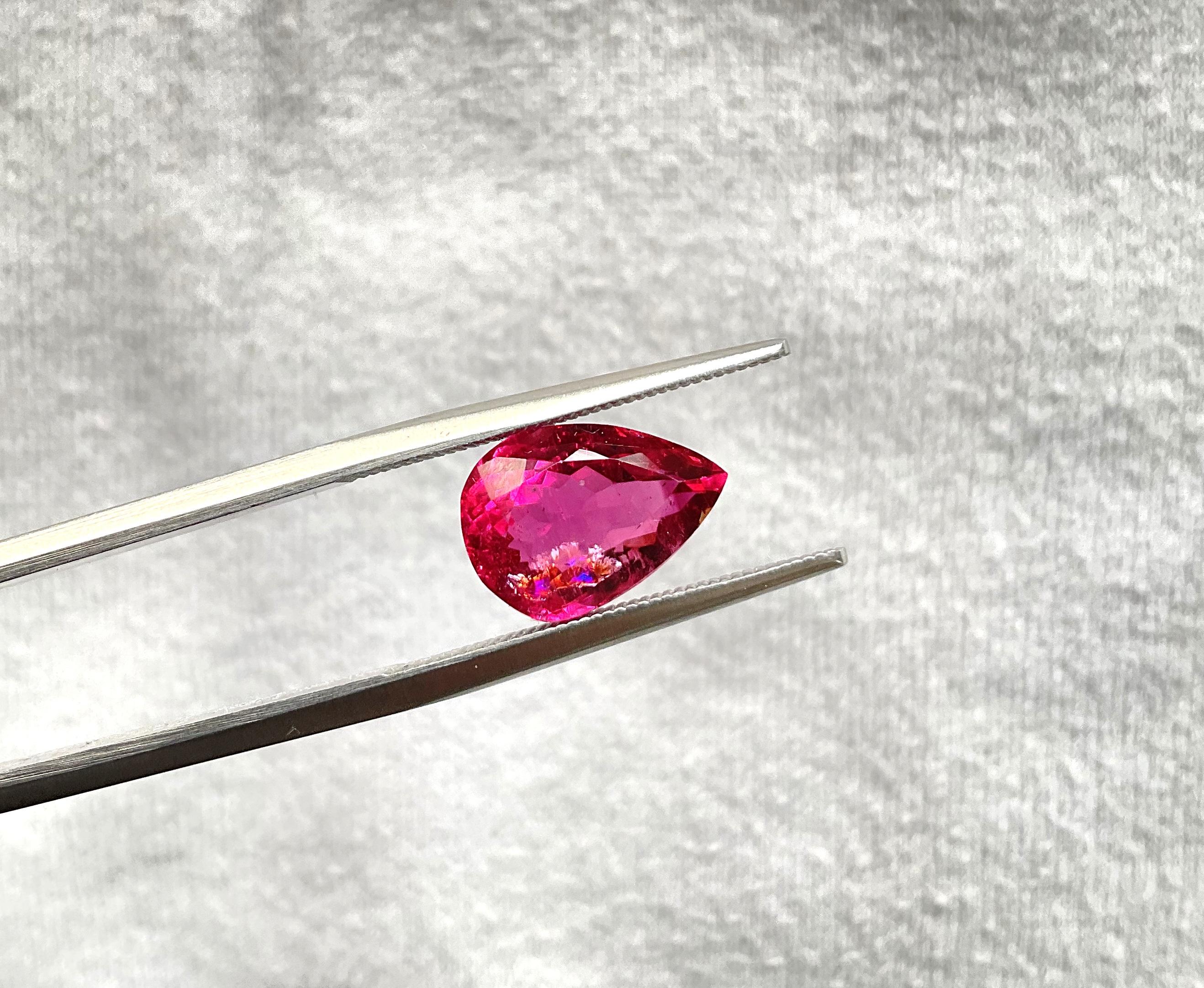 Women's or Men's 4.02 Carat Hot Pink Rubellite Tourmaline pear cut stone fine jewelry Natural Gem For Sale