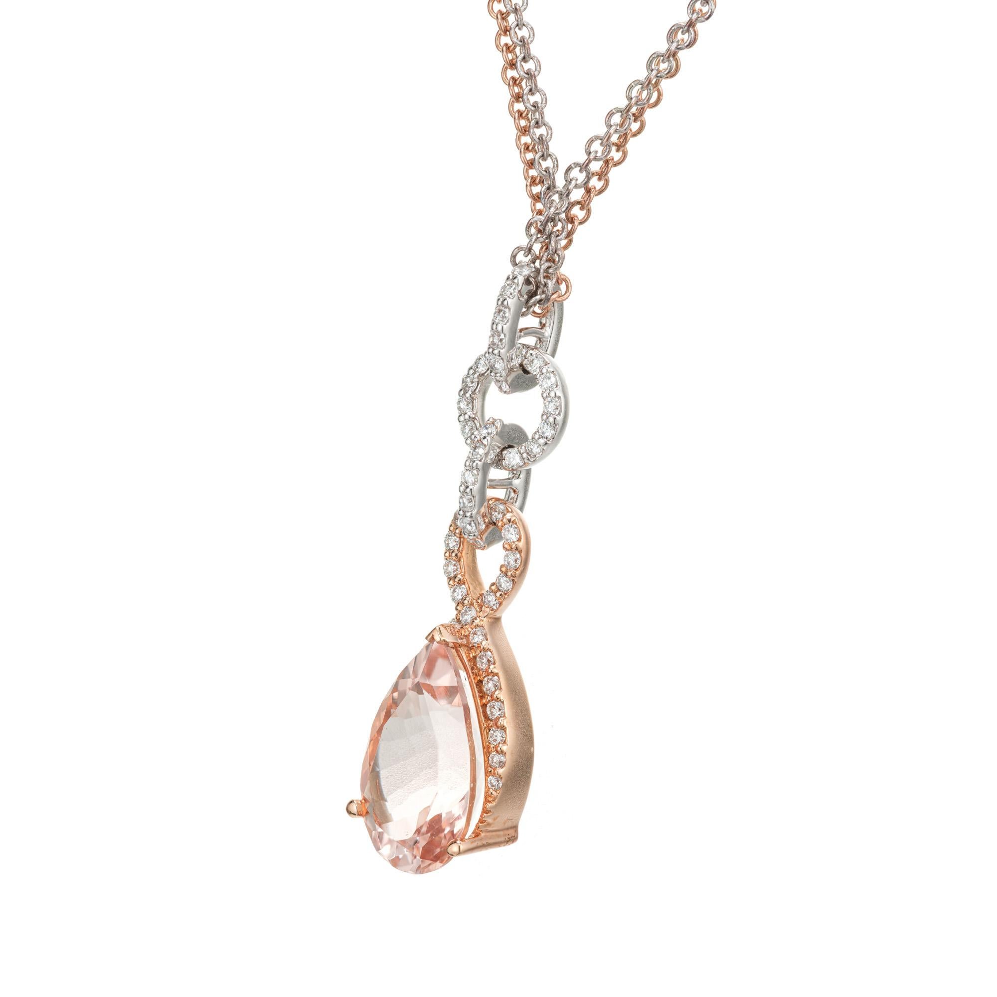 Pear Cut 4.02 Carat Morganite Diamond Halo Gold Pendant Necklace For Sale