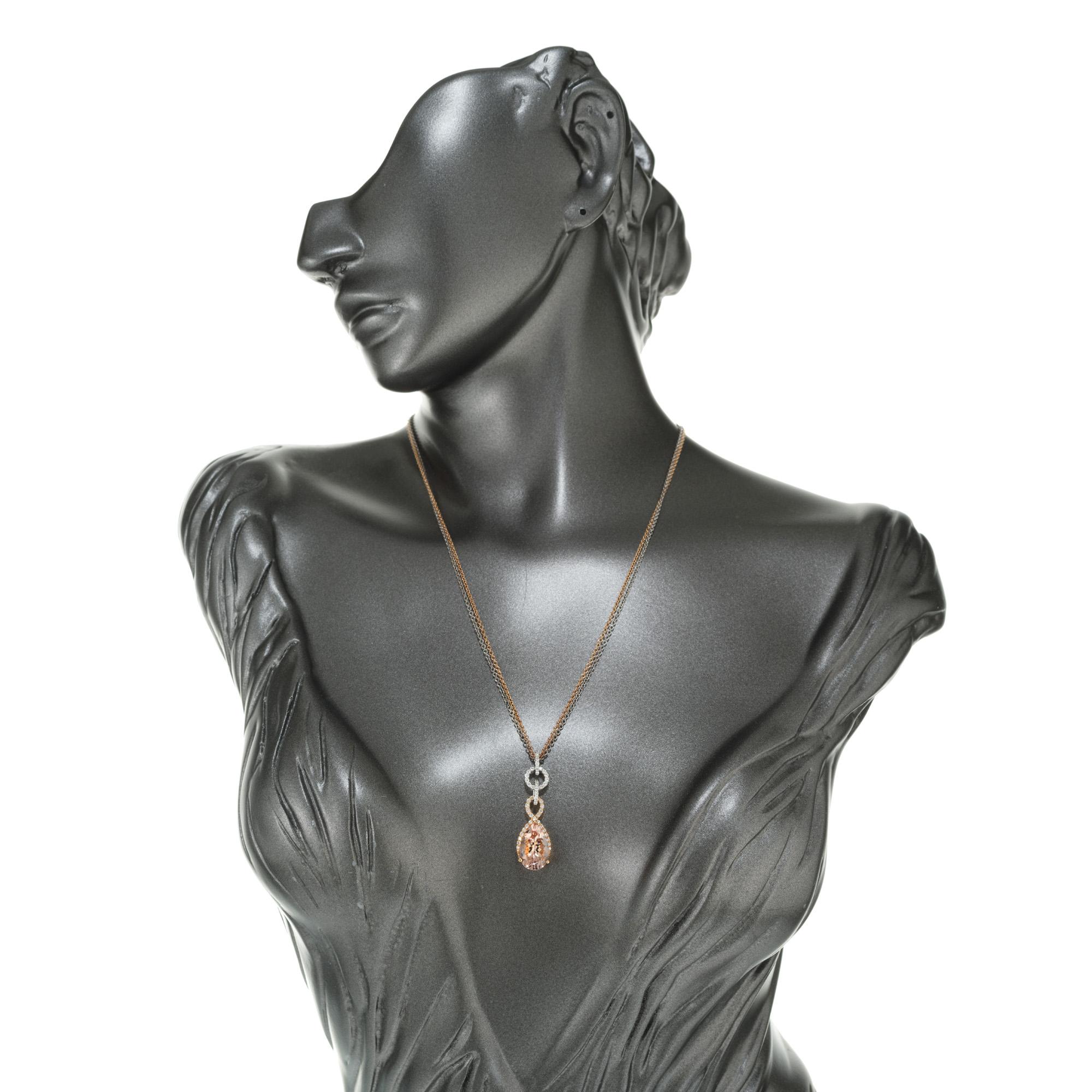 4.02 Carat Morganite Diamond Halo Gold Pendant Necklace For Sale 1