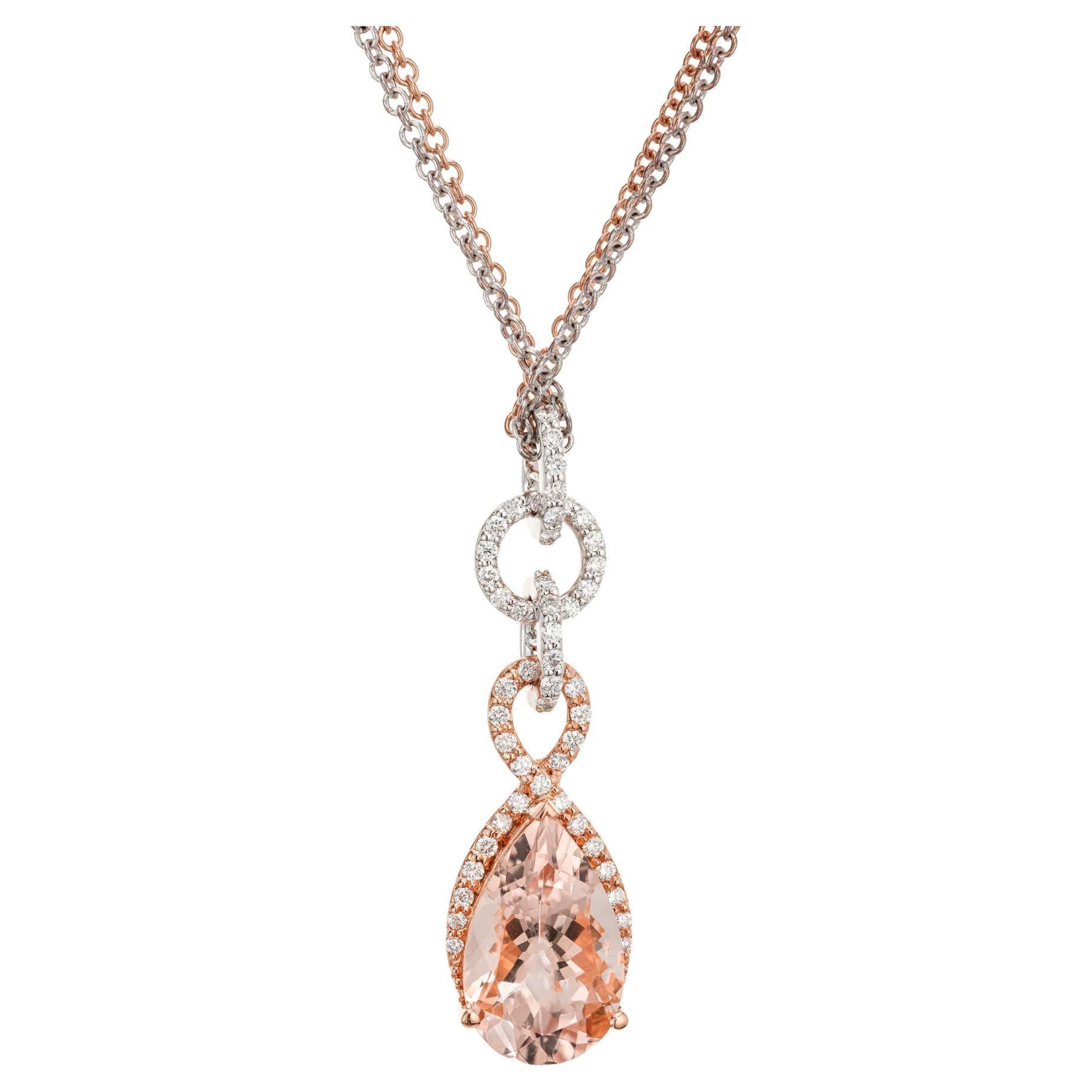 4.02 Carat Morganite Diamond Halo Gold Pendant Necklace For Sale