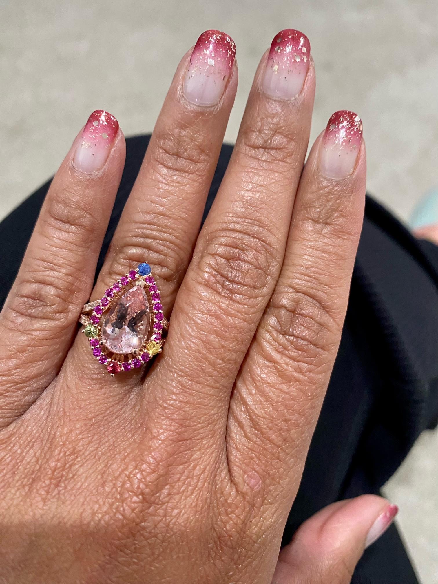 Pear Cut 4.02 Carat Morganite Diamond Sapphire Rose Gold Cocktail Ring For Sale