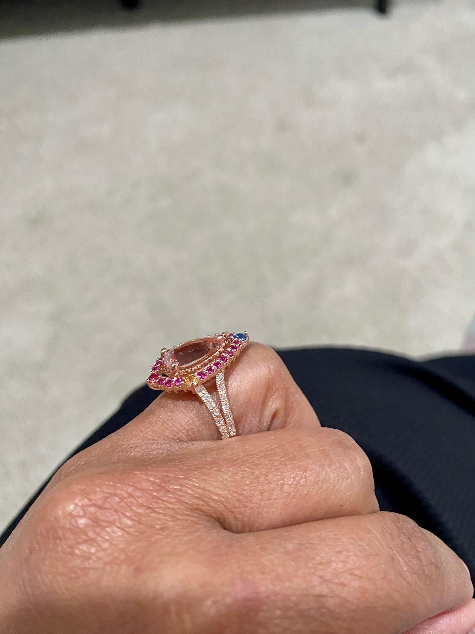 4.02 Carat Morganite Diamond Sapphire Rose Gold Cocktail Ring In New Condition For Sale In Los Angeles, CA