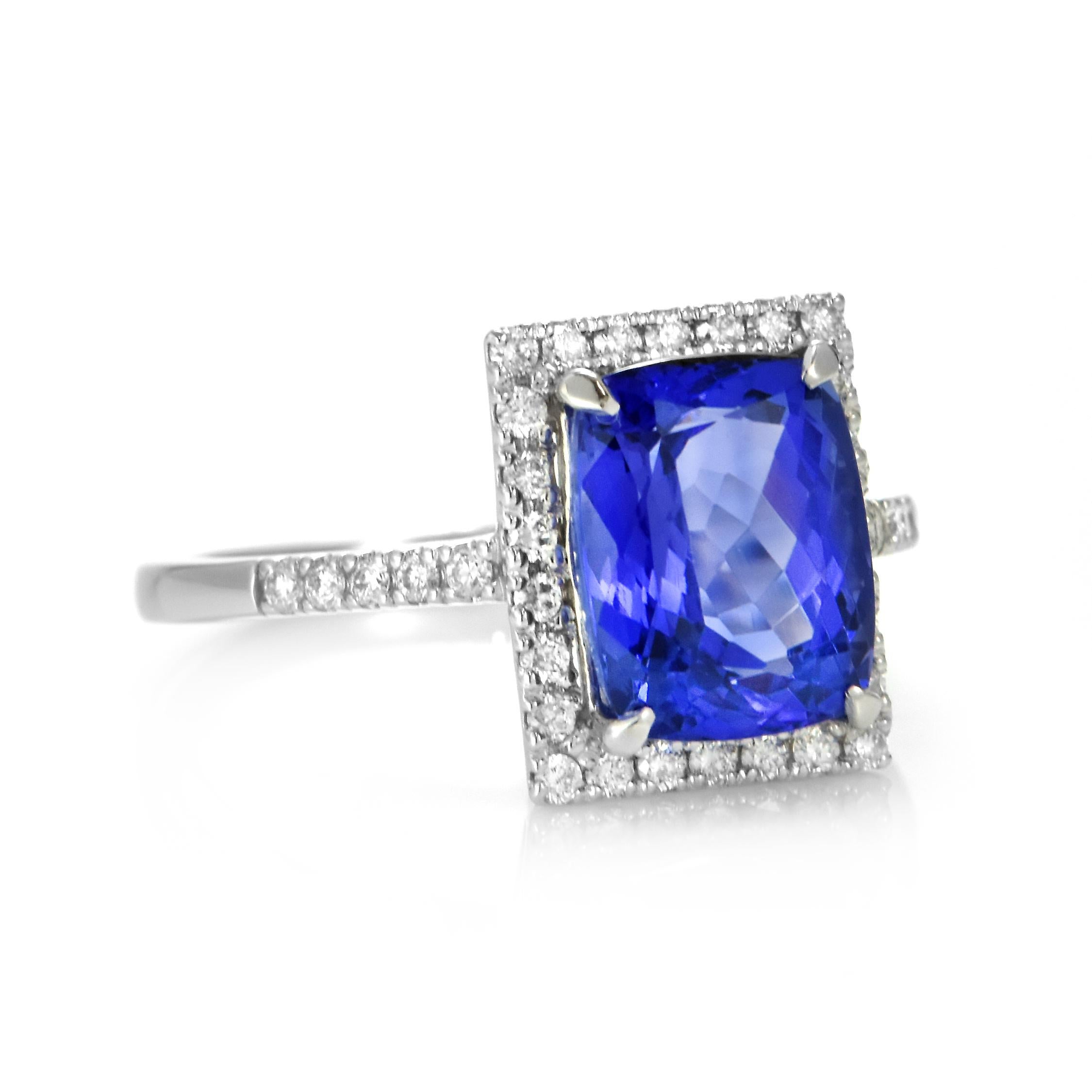 Cushion Cut 4.02 Carat Natural 'AAA' Tanzanite and Diamond Ring Made in Platinum For Sale