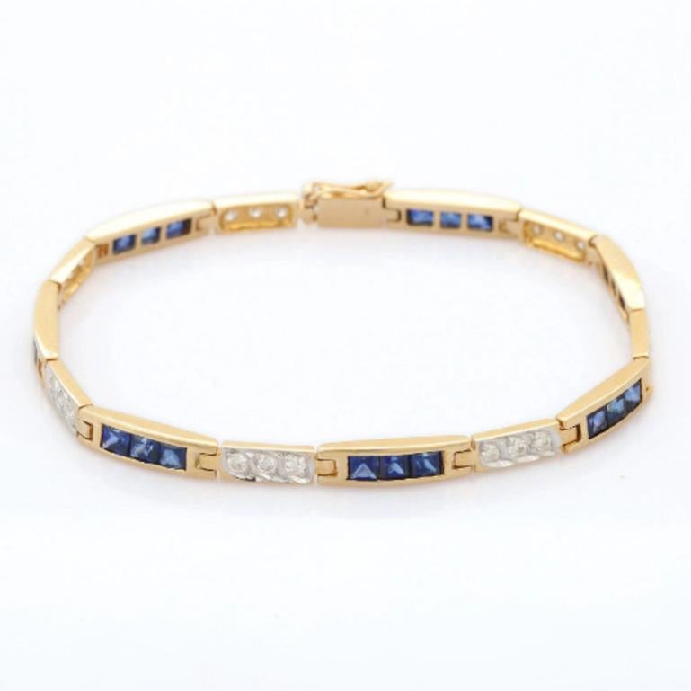 Modern 4.02 Carat Natural Blue Sapphire and Diamond Tennis Bracelet in 14K Yellow Gold For Sale