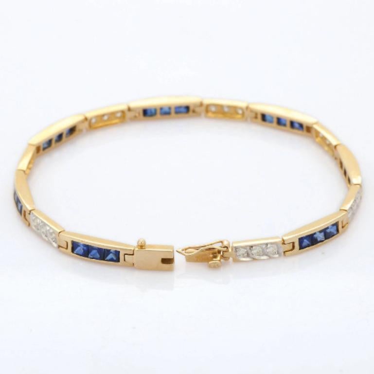 4.02 Carat Natural Blue Sapphire and Diamond Tennis Bracelet in 14K Yellow Gold In New Condition For Sale In Houston, TX