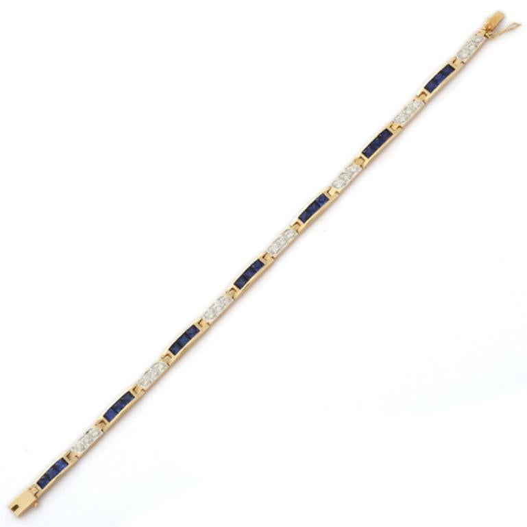 4.02 Carat Natural Blue Sapphire and Diamond Tennis Bracelet in 14K Yellow Gold For Sale 2