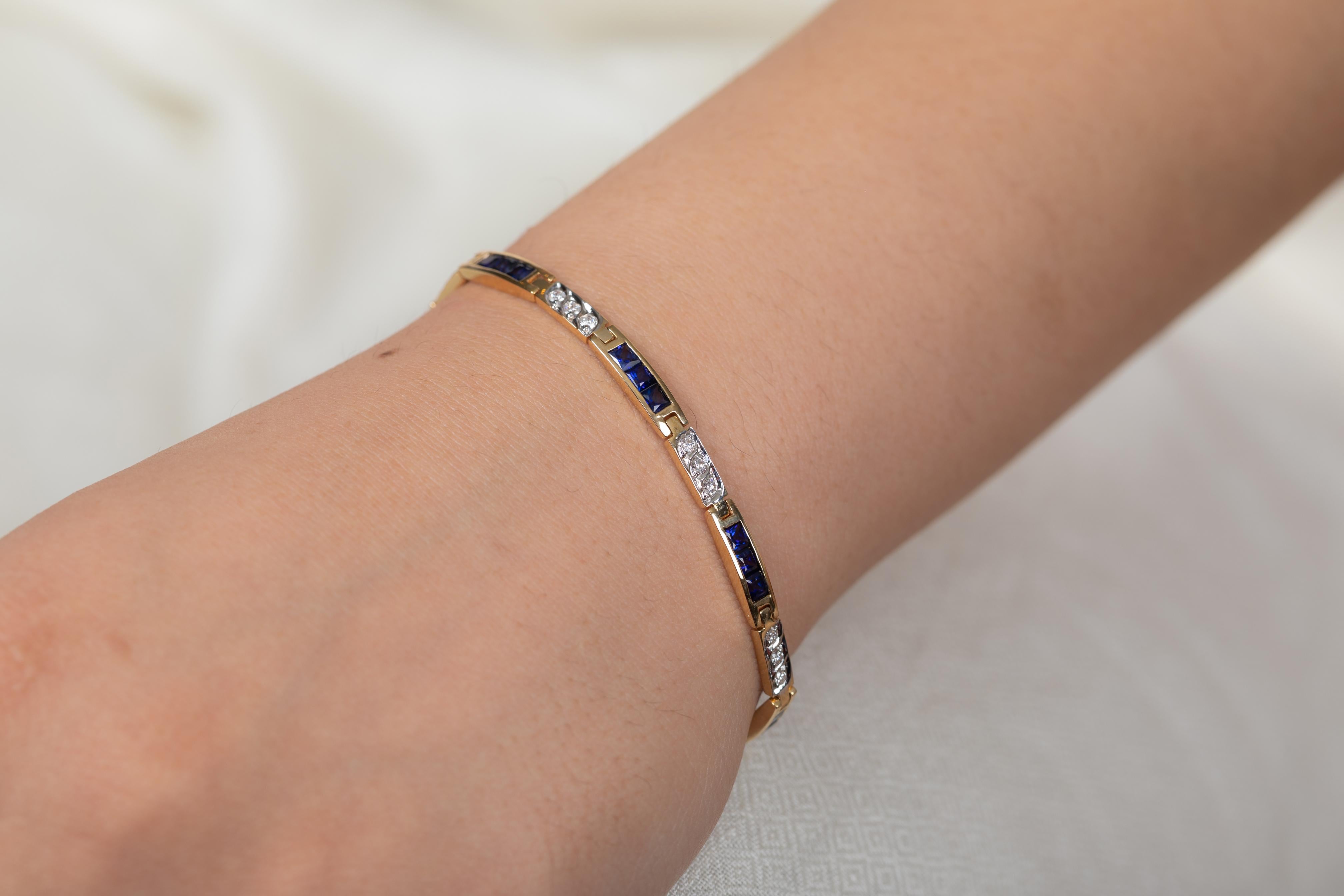 4.02 Carat Natural Blue Sapphire and Diamond Tennis Bracelet in 14K Yellow Gold For Sale 1