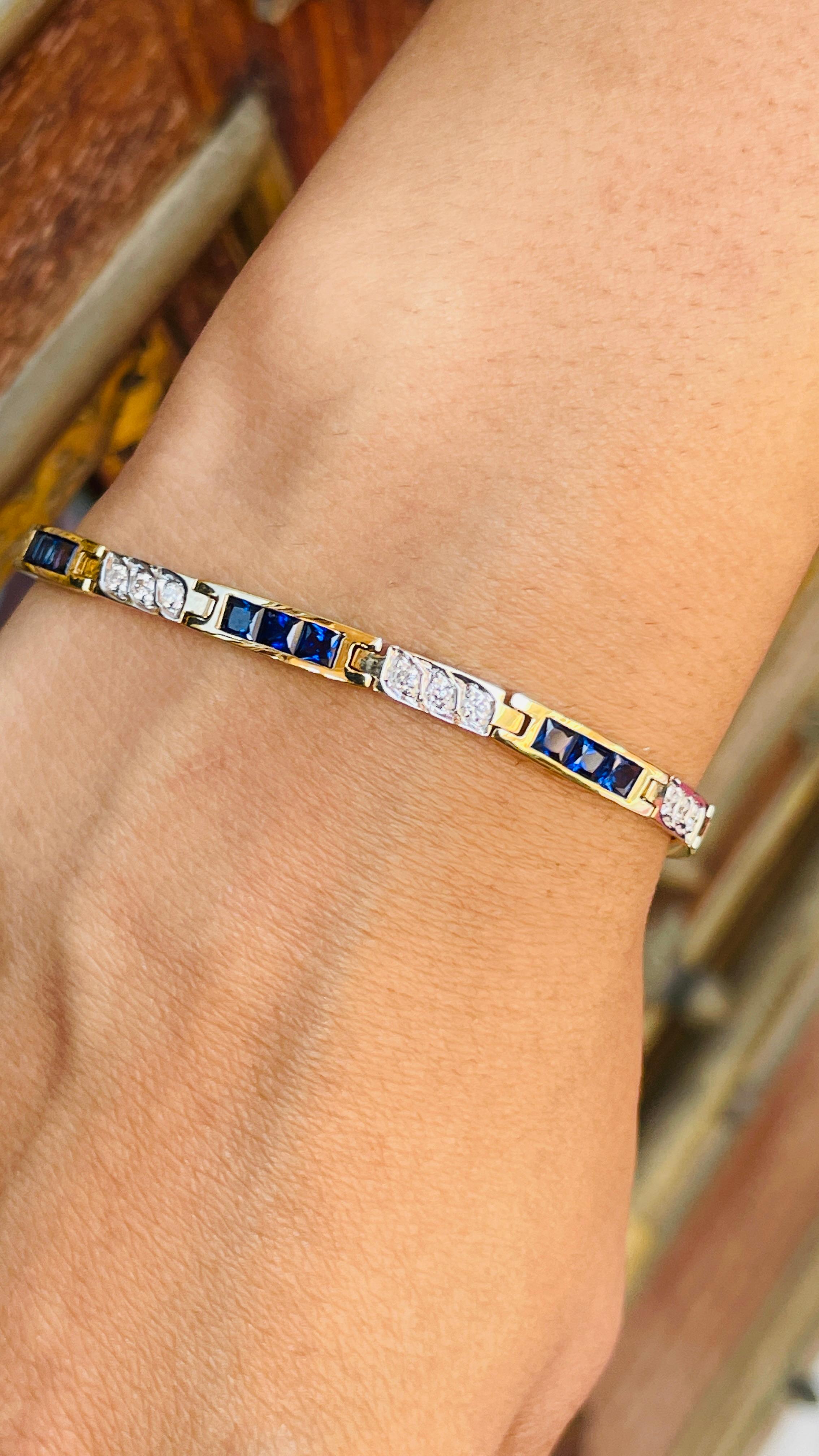 Women's 4.02 Carat Natural Blue Sapphire and Diamond Tennis Bracelet in 14K Yellow Gold For Sale