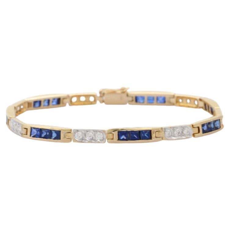 4.02 Carat Natural Blue Sapphire and Diamond Tennis Bracelet in 14K Yellow Gold For Sale