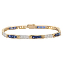 4.02 Carat Natural Blue Sapphire and Diamond Tennis Bracelet in 14K Yellow Gold