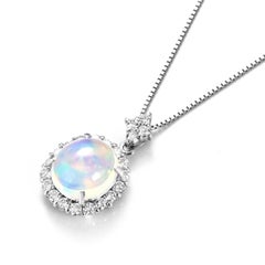 4.02 Carat Natural Caribbean Water Opal and Diamond Pendant Made in Platinum