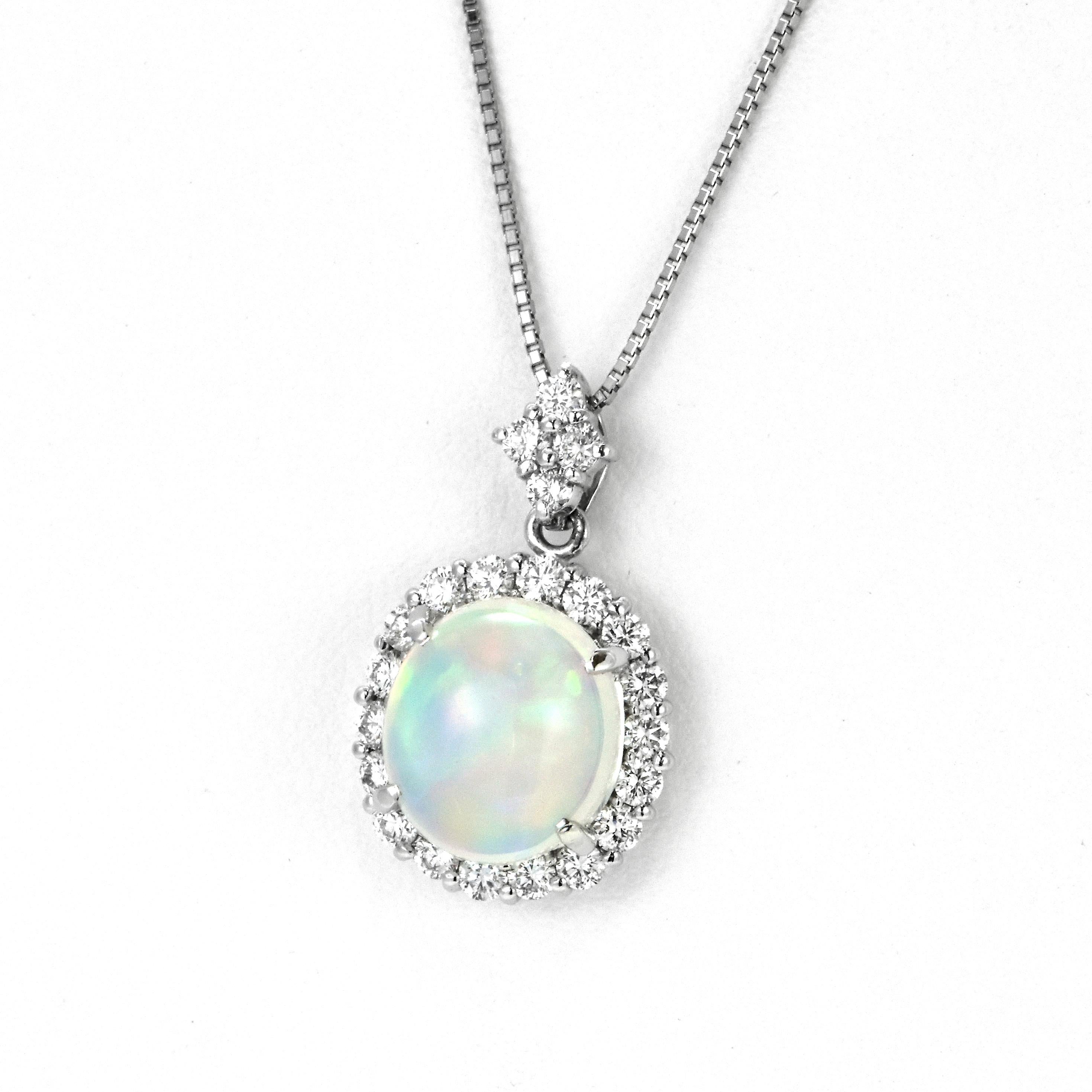 Cabochon 4.02 Carat Natural Caribbean Water Opal and Diamond Pendant Made in Platinum For Sale
