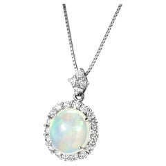 4.02 Carat Natural Caribbean Water Opal and Diamond Pendant Made in Platinum