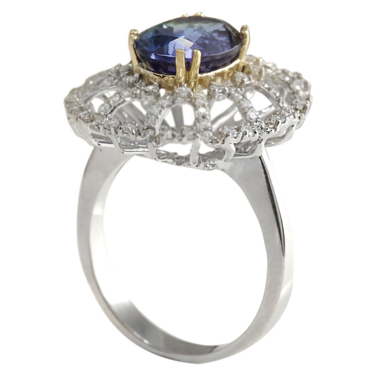Oval Cut Natural Tanzanite Diamond Ring In 14 Karat White Gold For Sale