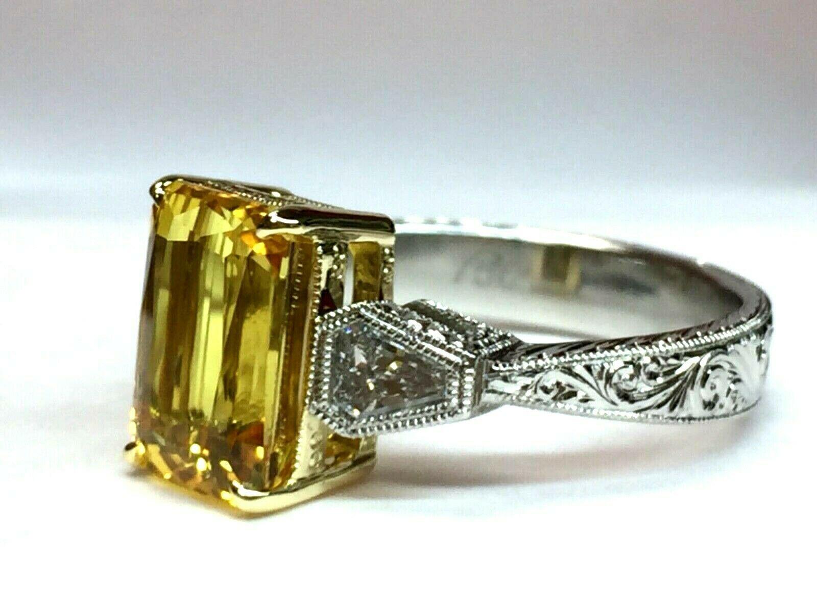 Art Deco 4.02 Carat Natural Yellow Sapphire and Diamond Ring GIA Certified For Sale