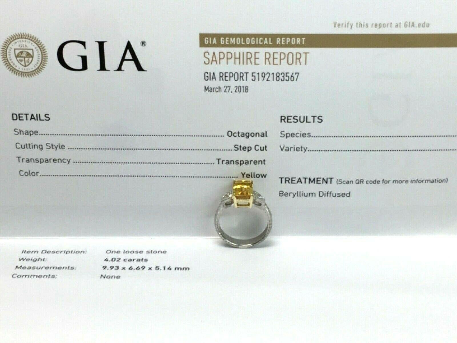 Women's or Men's 4.02 Carat Natural Yellow Sapphire and Diamond Ring GIA Certified For Sale