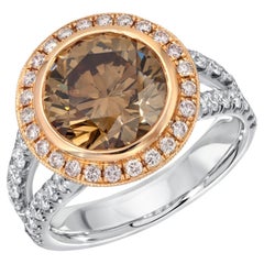 4.02 Carat Round Natural Champagne Halo Diamond Engagement Ring 18K Gold