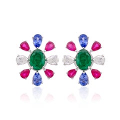 4.02ct Tanzanite Ruby Emerald 18k White Gold 0.56 Ct Diamond Stud Earrings