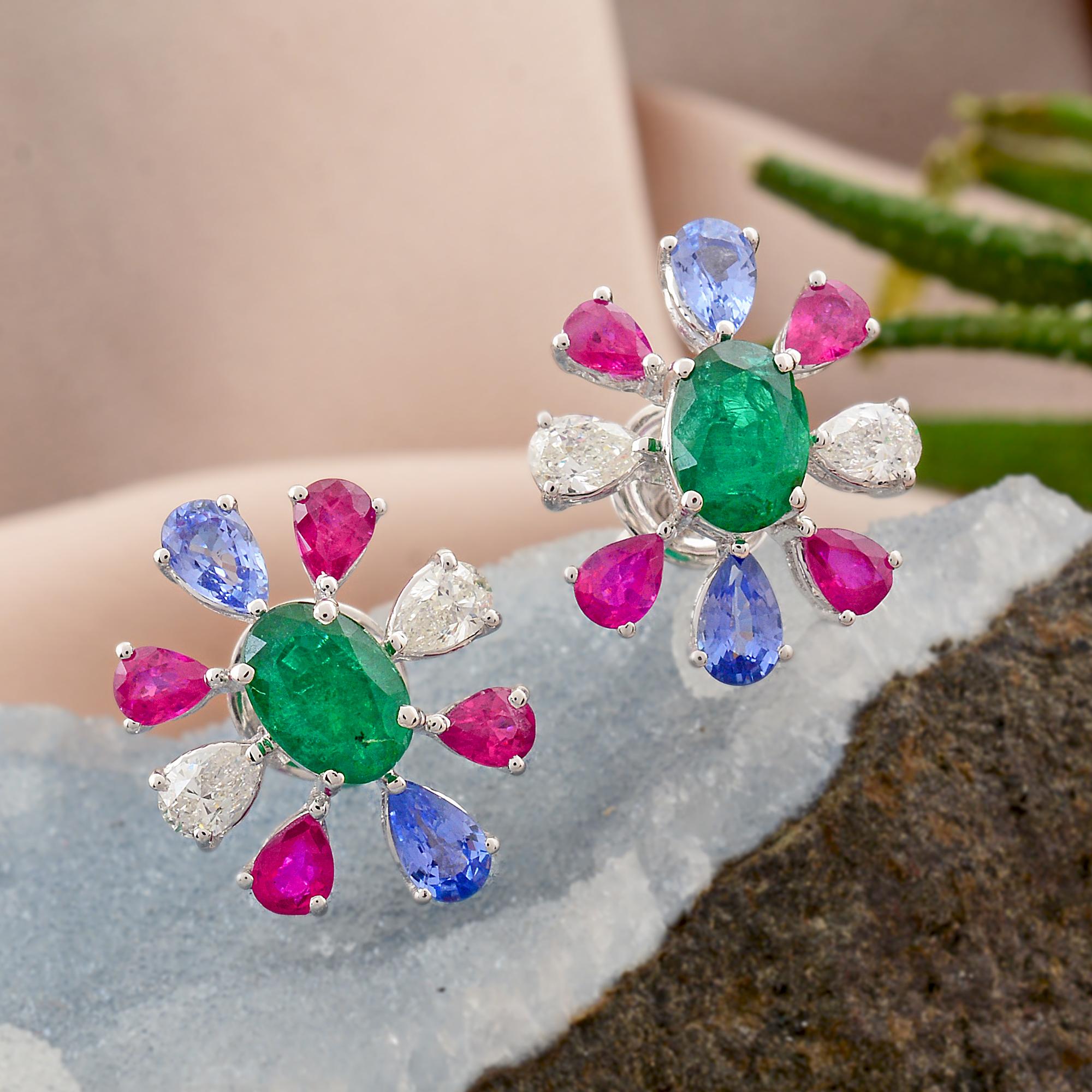 Moderno 4.02 Carat Tanzanite Ruby Emerald Flower Earrings 0.56 Ct Diamond 18k White Gold in vendita