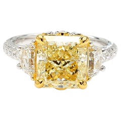 4.02 Carat Yellow Diamond Square Radiant Cut *Three Stone Ring* VS1 18k Gold