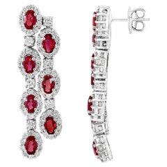 4.02 Carats Oval Cut Ruby and Diamond Halo Dangle Earring in 14K White Gold