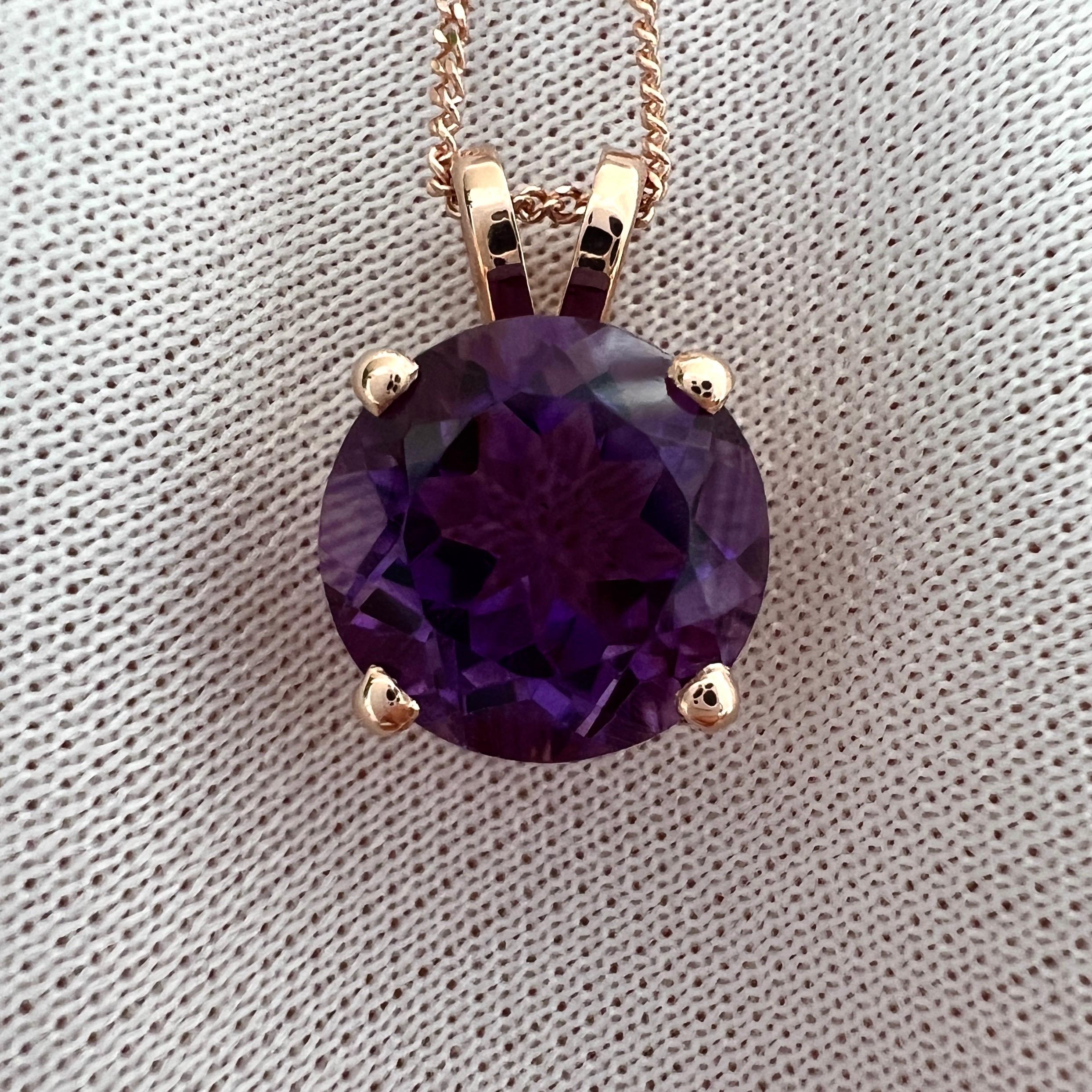 Round Cut 4.02ct Deep Purple Amethyst Round Brilliant 14k Rose Gold Pendant Necklace 10mm For Sale
