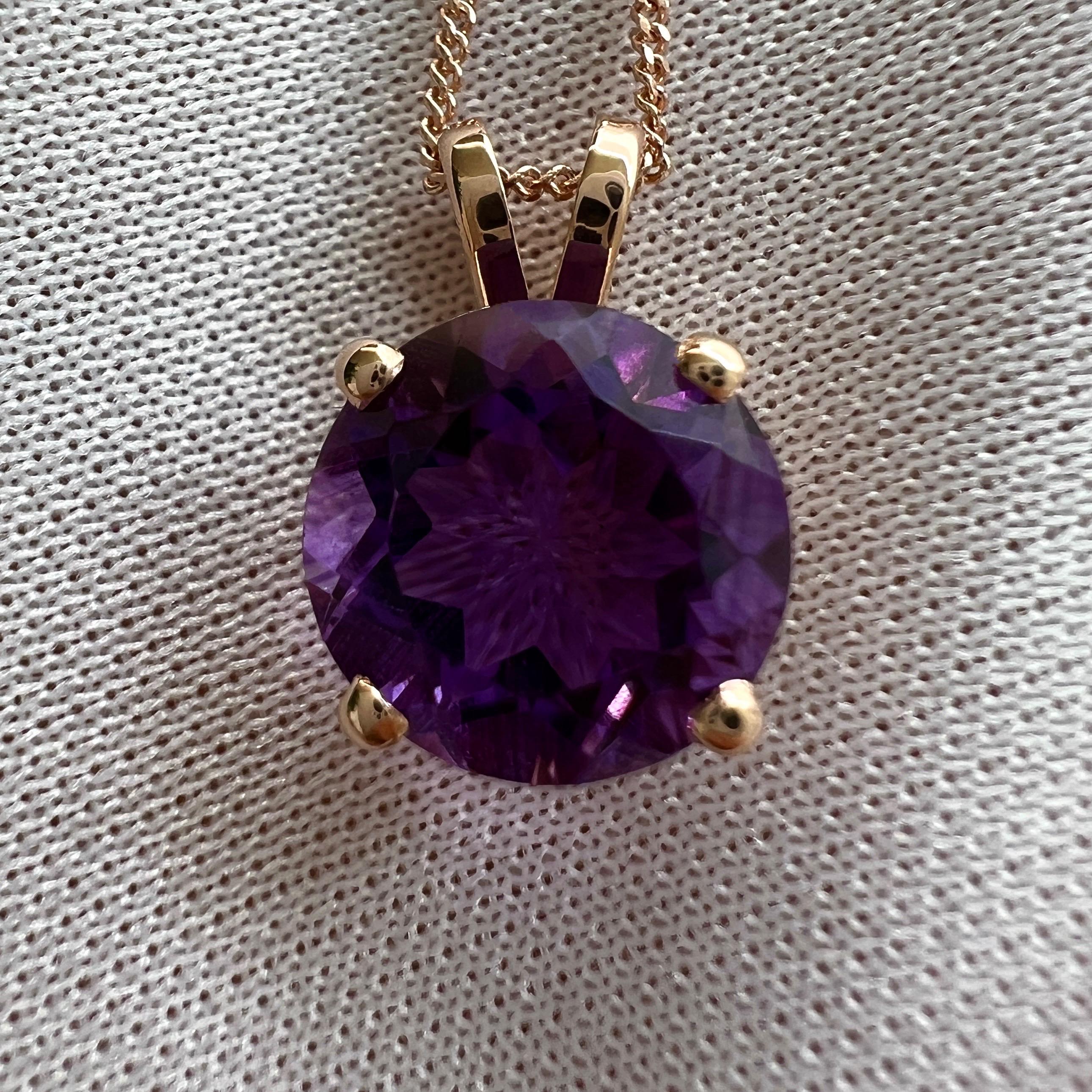 4.02ct Deep Purple Amethyst Round Brilliant 14k Rose Gold Pendant Necklace 10mm In New Condition For Sale In Birmingham, GB