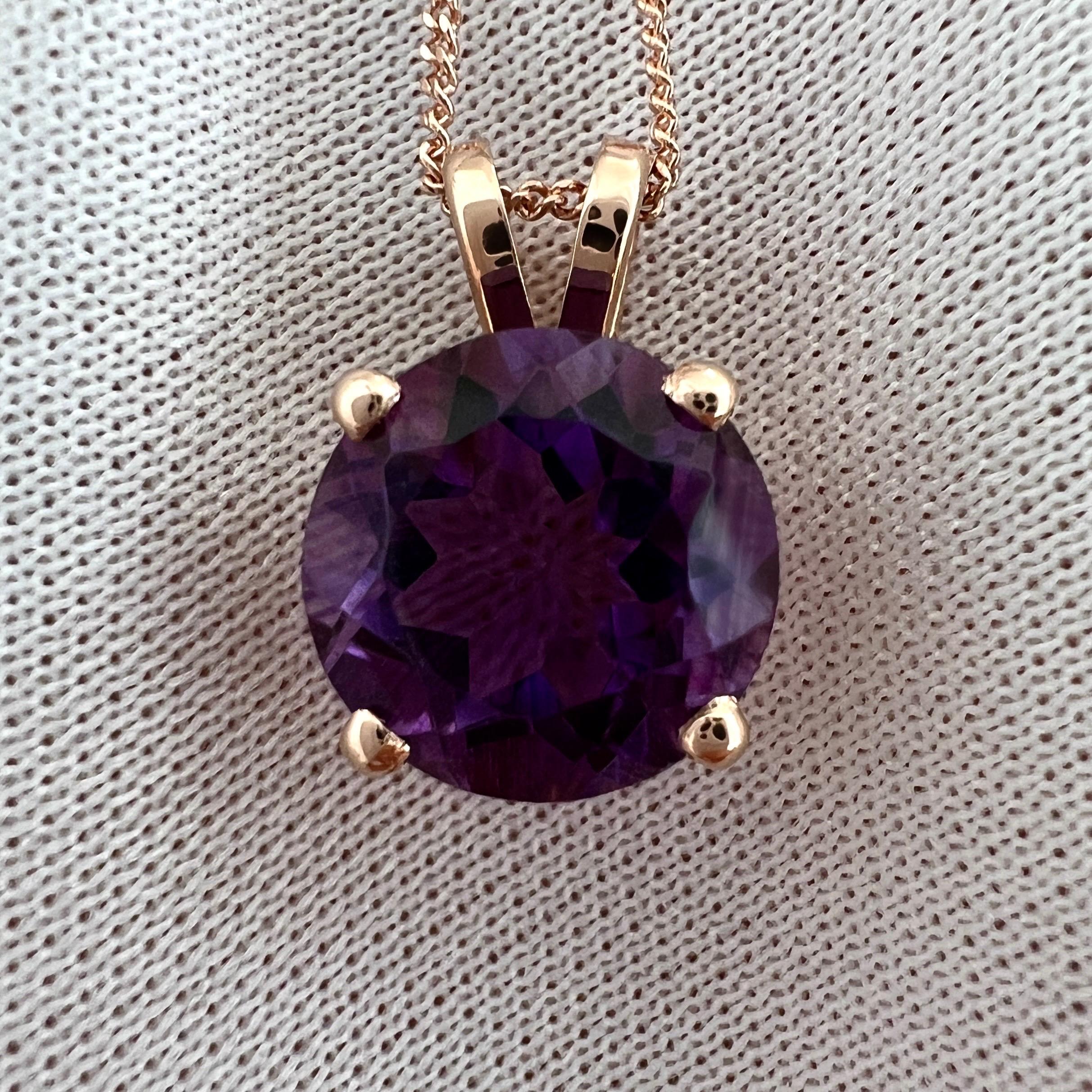 4.02ct Deep Purple Amethyst Round Brilliant 14k Rose Gold Pendant Necklace 10mm For Sale 1