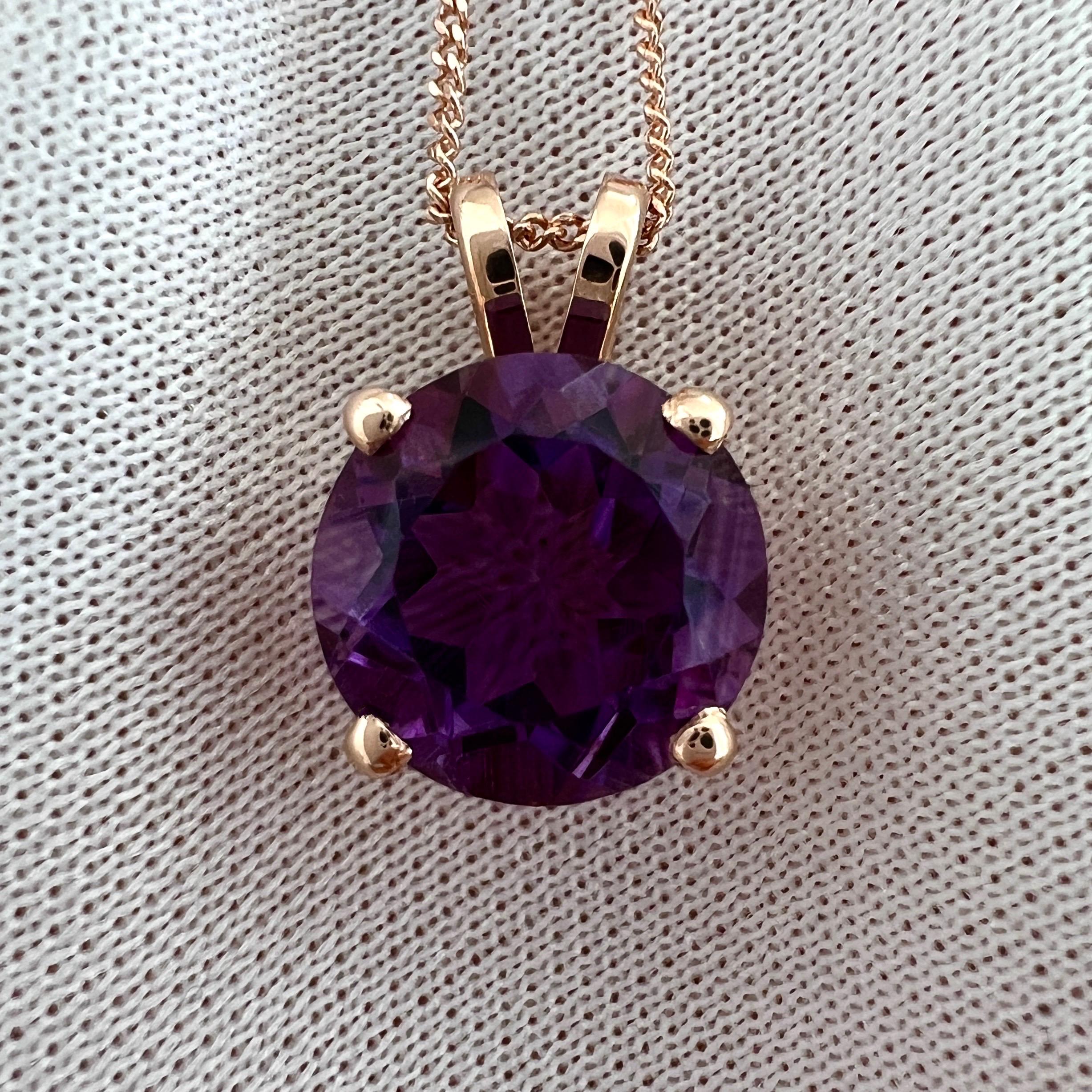 4.02ct Deep Purple Amethyst Round Brilliant 14k Rose Gold Pendant Necklace 10mm For Sale 2