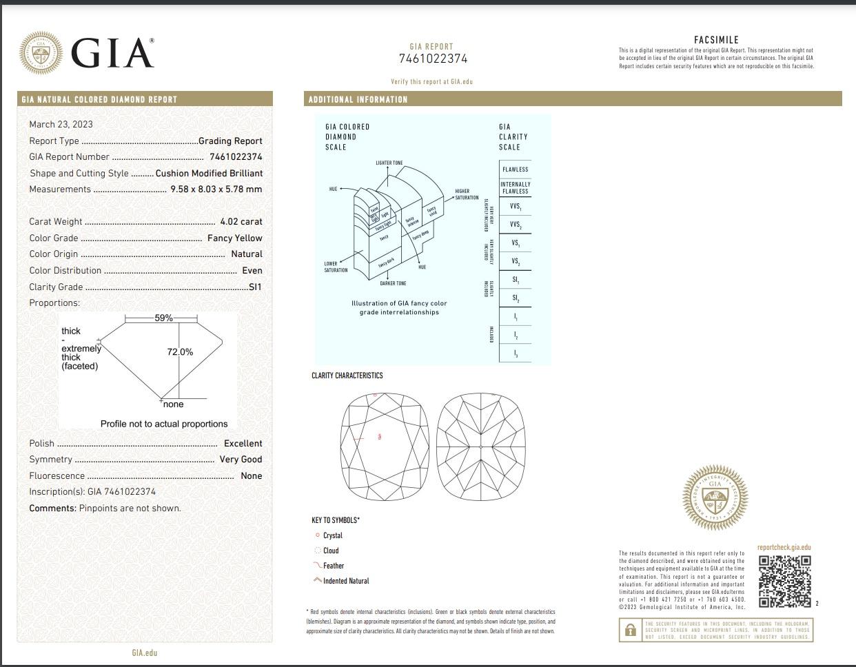 4.02ct Fancy Yellow Cushion Cut Diamond Engagement Ring For Sale 3