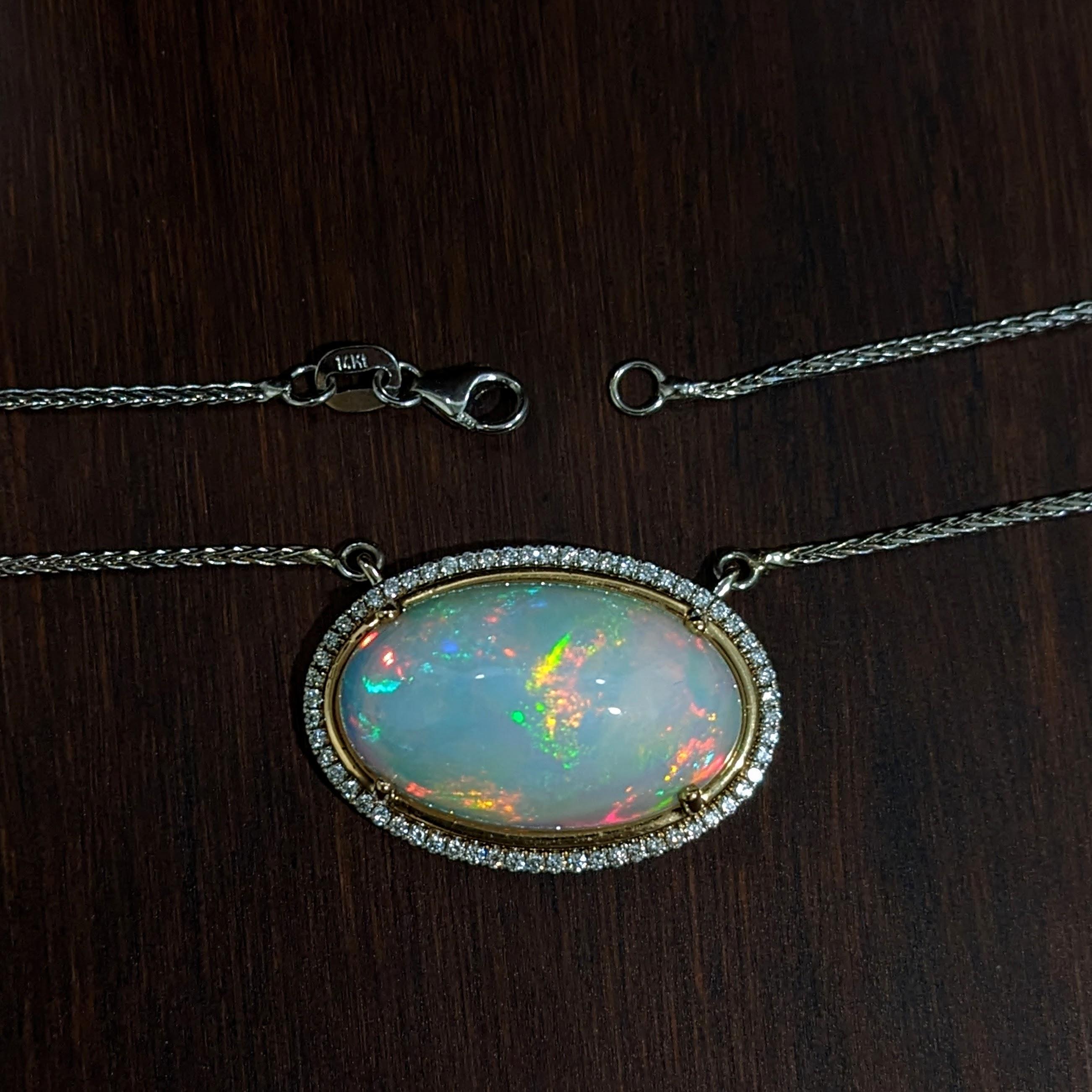 4.02ct Opal Pendant w Diamond Accents in 14K Dual Tone Gold Oval 23x14mm In New Condition In Columbus, OH