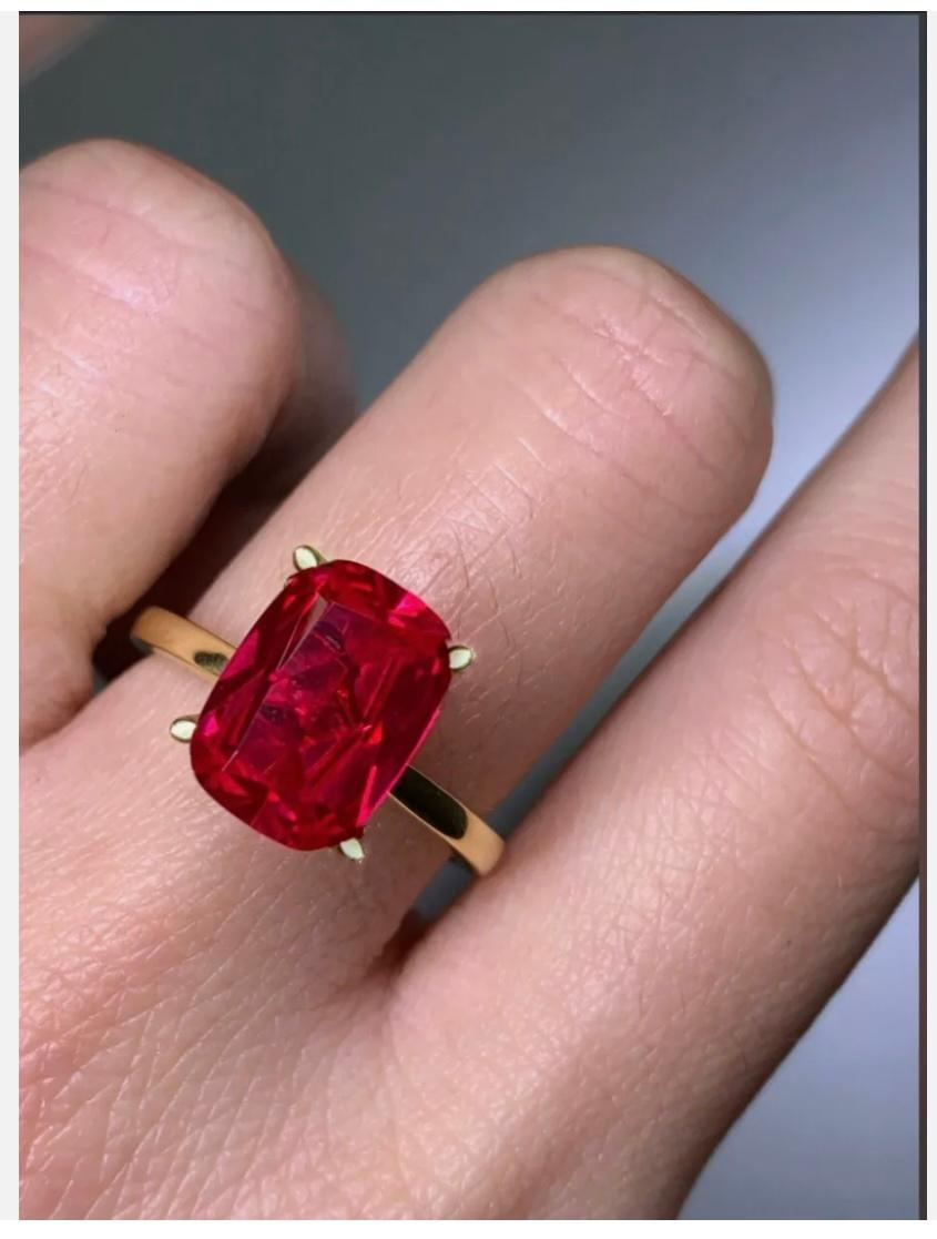 Art Deco 4.02ct Ruby Lab Grown Solitaire Engagement Ring 18ct Yellow Gold For Sale