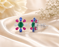 4.02ct Tanzanite Ruby Emerald 0.56Ct Diamond 18k White Gold Floral Stud Earrings