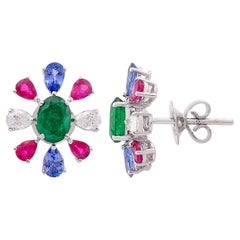 4.02ct Tanzanite Ruby Emerald 0.56Ct Diamond 18k White Gold Floral Stud Earrings