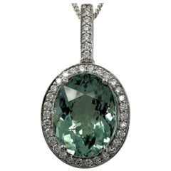 4.02ct Vivid Green Oval Cut Tourmaline & Diamond Platinum Halo Pendant Necklace