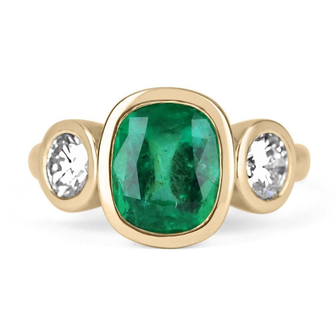 4.02tcw 18K Three Stone Emerald Cushion & Diamond Ring For Sale