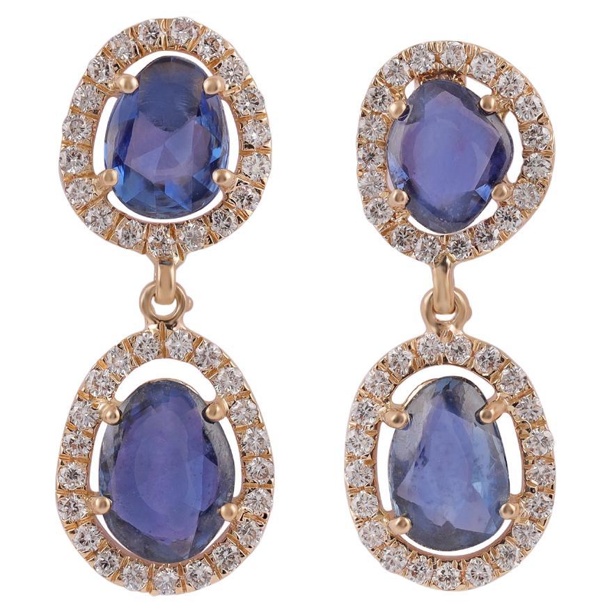 4,03 Karat Blauer Saphir und Diamant-Ohrring aus 18 Karat Gelbgold mit Nieten