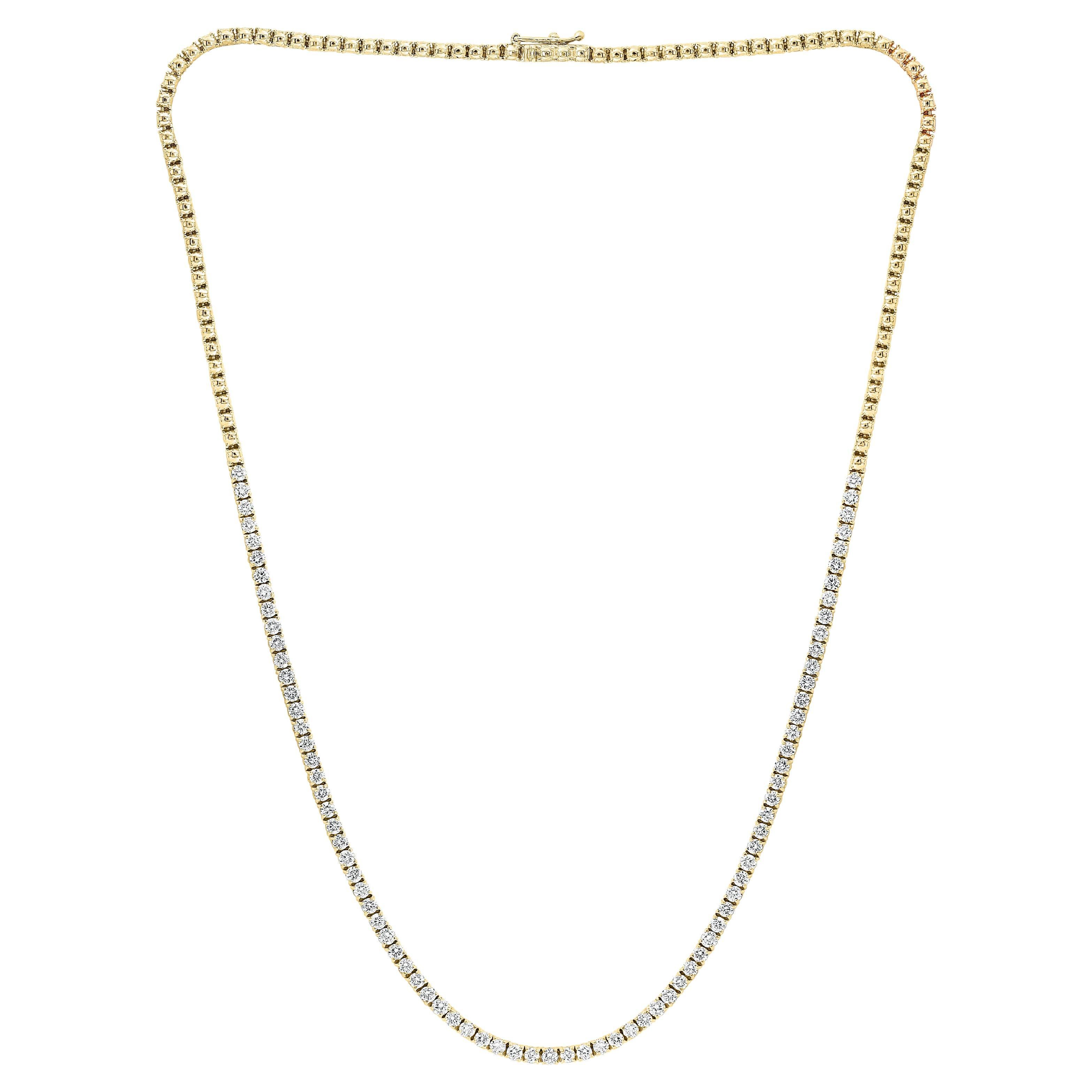 4.03 Carat Brilliant Round Cut Diamond Tennis Necklace in 14K Yellow Gold For Sale
