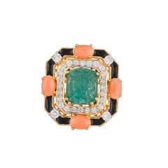 4.03 Carat Emerald Carving Coral Diamond and Black Enamel Ring